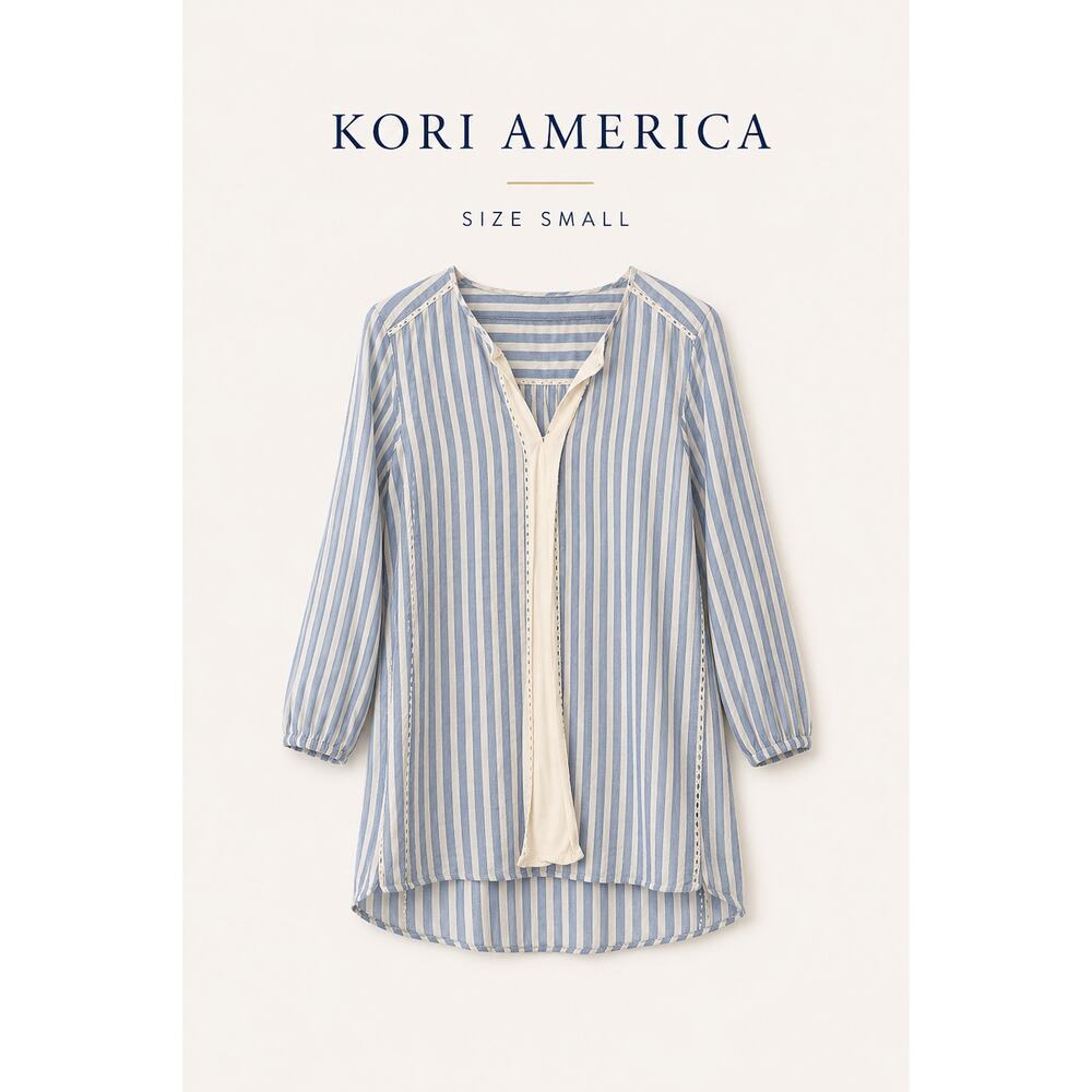 Kori America Blue White Stripe Tunic Top Small V-Neck Boho Long Sleeve Woven